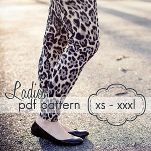 May include: Leopard print leggings in black, grey, and white. The text "Ladies pdf pattern" is on the left, and "xs - xxxl" is in a cloud-shaped frame on the right. Black flats are worn.