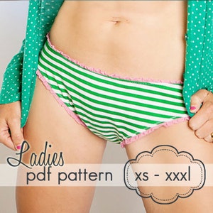 May include: Green and white striped underwear with pink trim. The image includes the text "Ladies pdf pattern xs - xxxl". The underwear is made of a soft, comfortable material.