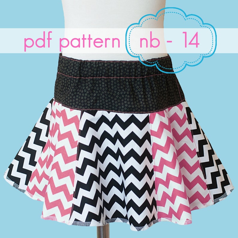 May include: PDF pattern for a black and pink chevron skirt with a black waistband. The pattern is for size NB - 14.