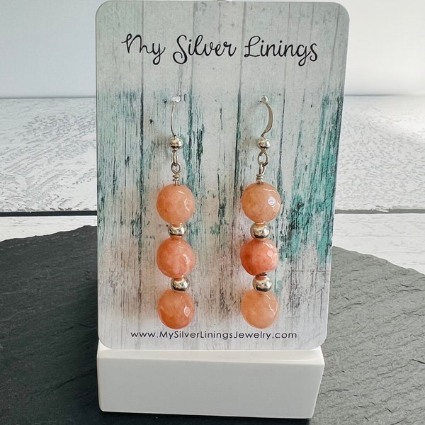 Peach Jade Gemstone Sterling Silver Handmade Dangle Earrings