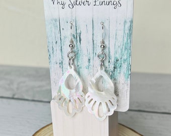 Mother of Pearl Carved Blossom Drop Shell Dangle Sterling Silver Handmade Earrings