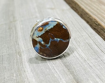 Natural Boulder Opal Gemstone Sterling Silver Handmade Statement Ring