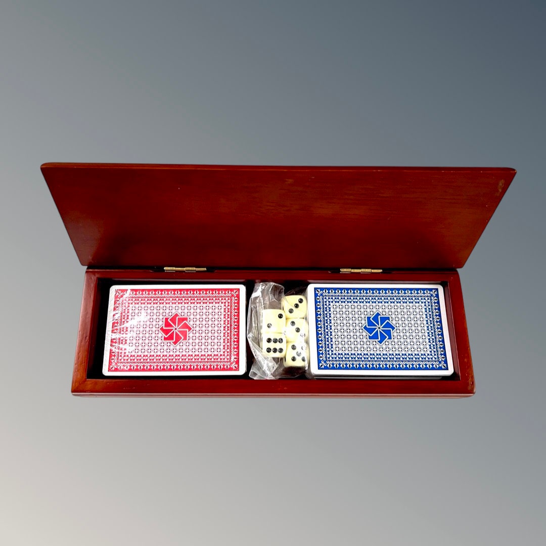 Playing Card Tea Set Vintage Deck of 2 Sets of Playing Cards and Dices in Mahogany Box ...