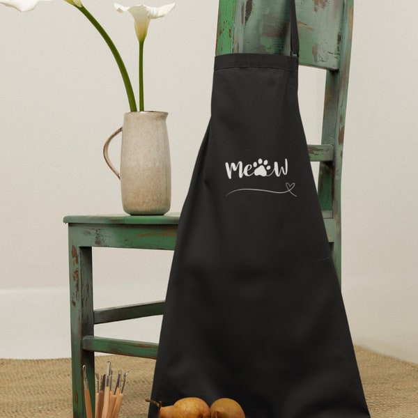 Apron (AOP); Meow apron; apron; black apron; kitchen accessory; cat mom; cat gift; gift for her; cat apron