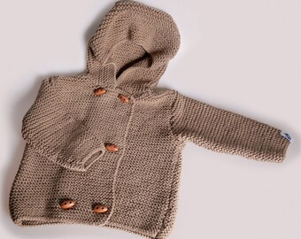 Hand-knitted hooded jacket, double-breasted buttoned