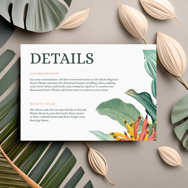 Tropical Wedding Detail Card Template | Printable Detail Cards | Tropical Collection | Editable in Jet Template | Download as PDF