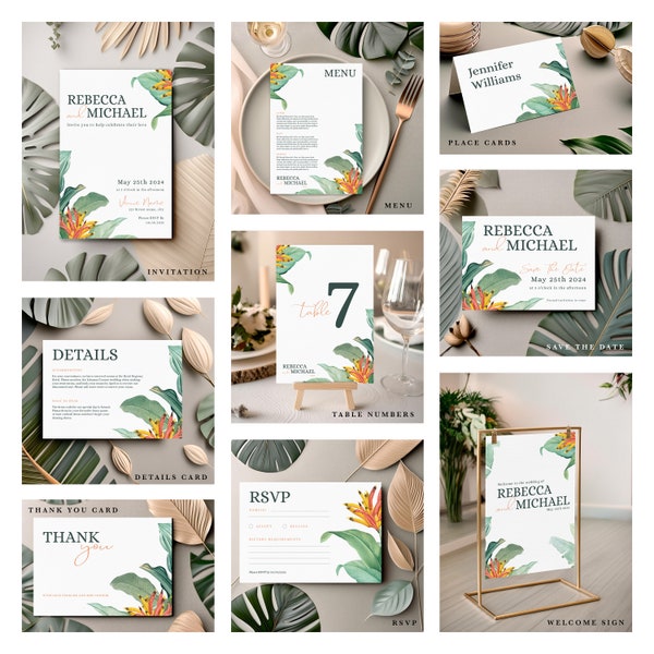 Tropical Wedding Bundle Template | Printable Wedding Set | Tropical Editable Template Wedding Stationery | EDITABLE - Jet Template