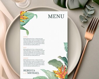 May include: A wedding menu with a tropical theme. The menu features a green and white background with illustrations of tropical plants and flowers. The text on the menu includes the names "Rebecca and Michael" and the year "2014".