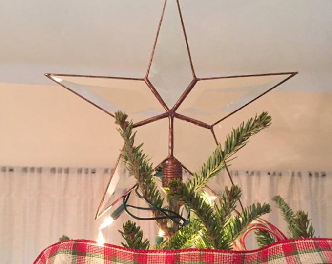 Simple Classic Star Beveled Glass Rustic Christmas Tree Topper, Dowel