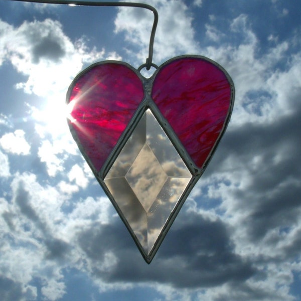 Stained Glass Sun Catcher with Beveled Glass Diamond, Heart Ornament , Valentine Gift Under Twenty, Just Because Gift, Glass Heart