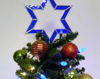 Star of David Tree Topper with Wood Dowel, Six Point Star Glass