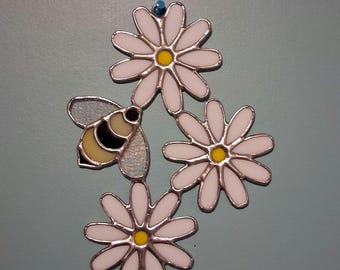 Stained Glass Daisies and Bumblebee Suncatcher