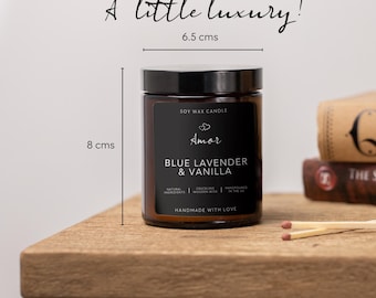 Soy Wax Candle, Blue Lavender Vanilla, Crackling Wood Wick, Amber Jar, Aromatherapy Relief