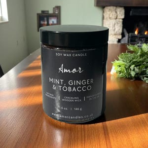 Mint, Ginger, and Tobacco Scented Soy Wax Candle with Crackling Wooden Wick | Reusable Amber Jar | Burn-time up to 35 hours | Eco-friendly