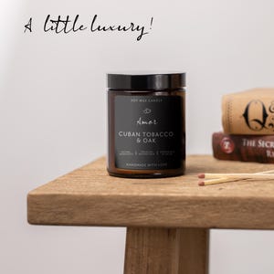 Cuban Tobacco & Oak Scented Soy Candle: Crackling Wooden Wick, Reusable Amber Jar