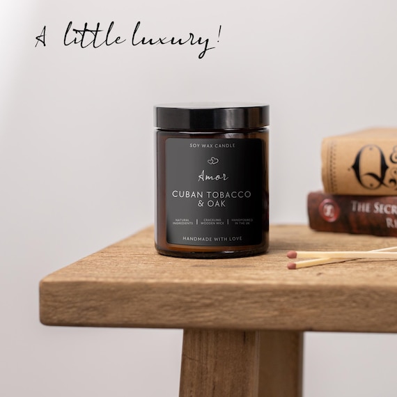cuban tobacco and oak candle Cuban Tobacco & Oak Scented Soy Candle: Crackling Wooden Wick, Reusable  Amber Jar