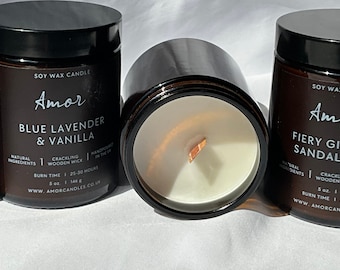 Soy Wax Candle: Amber Jar with Wooden Wick - Hand Poured