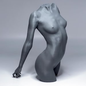 May include: A grey, headless torso sculpture with one arm extended. The sculpture has a smooth, matte finish and is posed in a graceful, curved position. The form is a representation of the human body, with defined curves and anatomical details.