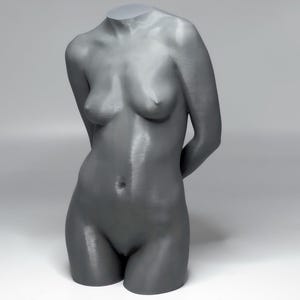 Op de afbeelding: Een grijze sculptuur van een vrouwelijk torso, zonder hoofd, met de armen gekruist achter de rug. De sculptuur is glad en gedetailleerd, met een matte afwerking. Het stuk staat tegen een effen grijze achtergrond.