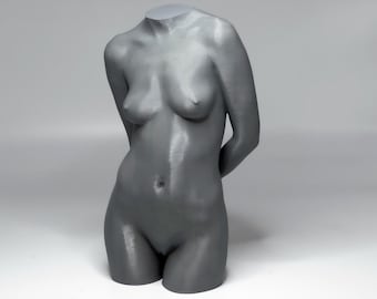 May include: A grey sculpture of a female torso, headless, with arms crossed behind the back. The sculpture has a smooth, detailed surface and a matte finish. It is set against a plain grey background.