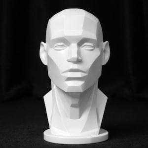 May include: A white, geometric bust of a human head. The sculpture has a smooth, matte finish and is set against a dark background. The head is a study in planes and angles, with sharp lines defining the facial features and neck.