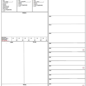May include: A blank medical chart form with sections for patient information, daily weight, fluid restriction, medications, orders, labs, to do, and notes. The form includes checkboxes for various assessments and procedures.