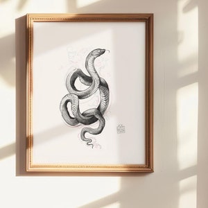 Spirit snake print, pencil drawing of a reptile guide in black and white, 5x7 and 8x10 print, hand drawn snake art, herpetology