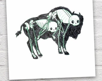 Hand drawn bison skeleton print, 8x10 print and 5x7 prints, buffalo art, nature-themed art for animal lovers