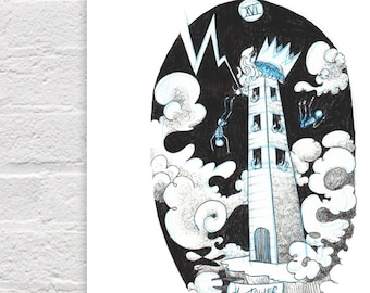 The Tower Print | Skeleton Tarot Collection | Cat Rocketship | Hand Drawn, Divination, Reading | Gift for Them, Him, Her