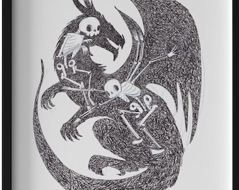 Dragon Skeleton Art Print – Queer Gothic Wall Art, Spooky Drawing (8x10" or 5x7")