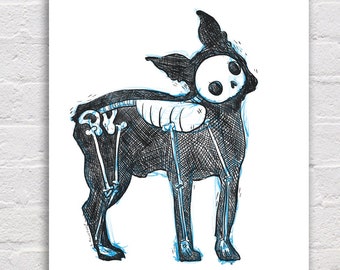 Handgezeichneter Kunstdruck eines Skeletts einer Französischen Bulldogge, Tierkunst (8x10, 5x7)