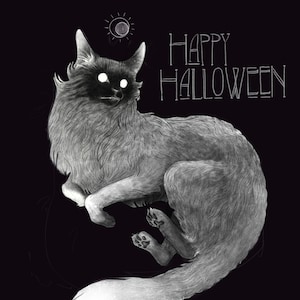 Happy Halloween greeting card for kids. Cute and spooky handdrawn card with a ghostly cat, creepy theme.