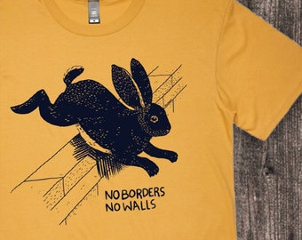 No Borders No Walls Bunny adult leftist shirt, socialist t-shirt, anarchy tee, democratic socialist shirt, communist tee by Cat Rocketship