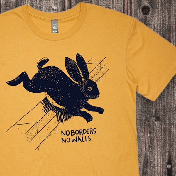 No Borders No Walls Bunny adult leftist shirt, socialist t-shirt, anarchy tee, democratic socialist shirt, communist tee by Cat Rocketship