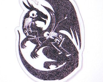 Skeleton Dragon Sticker — Black & White Vinyl, Queer Gothic Art, Waterproof, Weird Spooky Sticker, 3" Sticker, Creepy Cute Skull Sticker