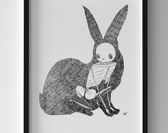 Hare Animus Print, Black Ink Pencil Sketch, Nature Animal Art (5x7, 8x10)