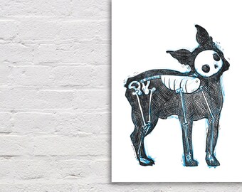 Hand drawn French bulldog skeleton print, 8x10 and 5x7 prints, nature-themed art for animal lovers and dog parents