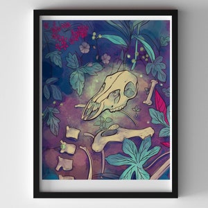Deer spirit in the woods, painting of a deer skull in a forest glen, colorful deer art, dark home decor, 5x7 or 8x10 print, glowing skull