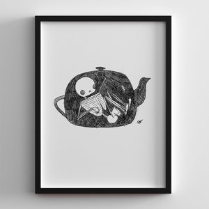 Pode incluir: Desenho a preto e branco de um esqueleto sentado dentro de um bule e a ler um livro.
