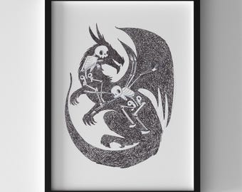 Dragon Skeleton Art Print — Skeletons Inside Dragon, Queer Gothic Print, Black & White Wall Art, 8x10 or 5x7, Weird Spooky Drawing