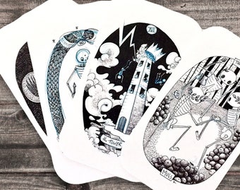 The Skeleton Tarot Deck, indie tarot, hand drawn tarot, Christmas present, black and white tarot deck, unique bone tarot by Cat Rocketship