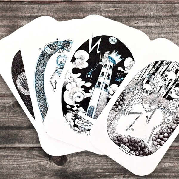 The Skeleton Tarot Deck, indie tarot, hand drawn tarot, Christmas present, black and white tarot deck, unique bone tarot by Cat Rocketship