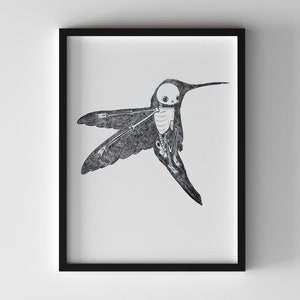 Puede incluir: Una impresión enmarcada en blanco y negro de un colibrí con un cuerpo esquelético. El colibrí está en vuelo con las alas extendidas.