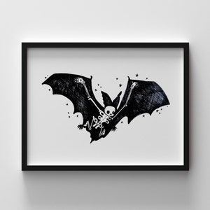 Desenho de esqueleto de morcego, cercado por estrelas, impressões 8x10 e 5x7, arte com tema da natureza para amantes de animais