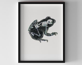 May include: A black and white illustration of a frog skeleton inside a frog silhouette.