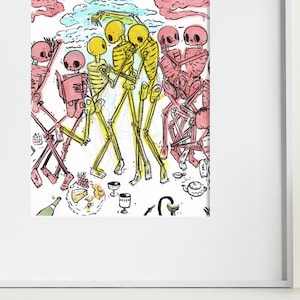 Polyamorous skeletons art print, thruple at a play party, polyamory art or queer art great throuple gift or triad gift image 1