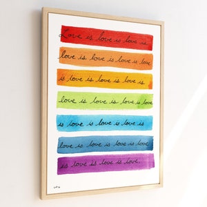Rainbow love is love is love watercolor art, 5x7 print, art for LGBTQ ally, wedding, or housewarming gifts