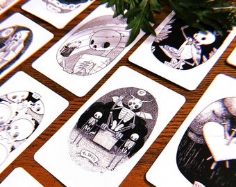 The Skeleton Tarot Deck, indie tarot, hand drawn tarot, Christmas present, black and white tarot deck, unique bone tarot by Cat Rocketship