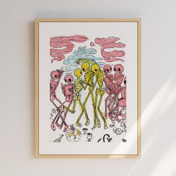 Polyamouröse Skelette Kunstdruck, Thruple bei der Spielparty, Polyamory oder Queer Art, Throuple Geschenk oder Triade Geschenk