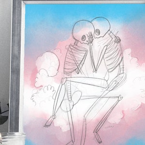 Trans pride print &quot;Proud to Death&quot; trans watercolor print, 8x10 and 5x7 print, skeleton art, nonbinary wall art, trans art bathroom